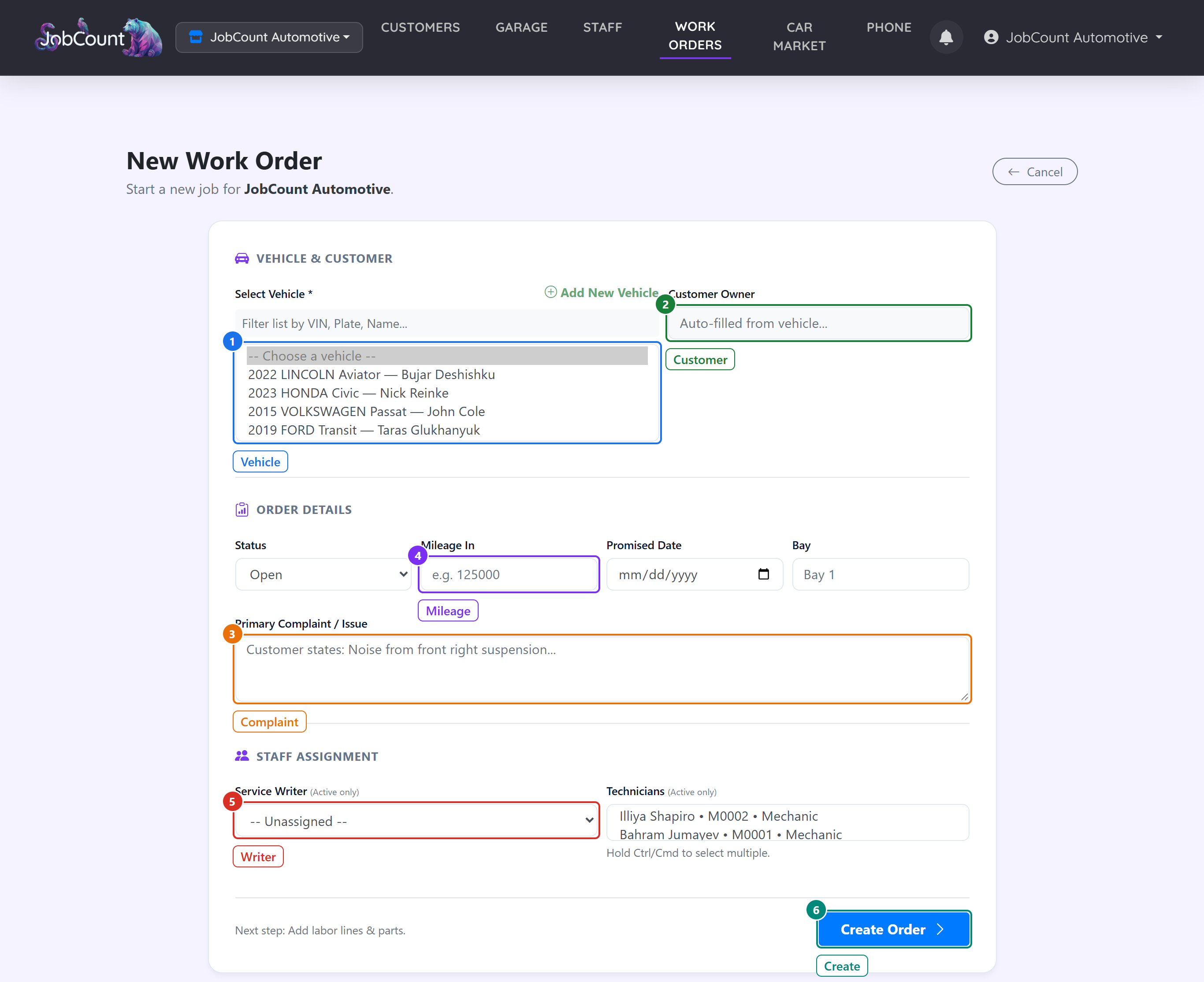 The new work order form.