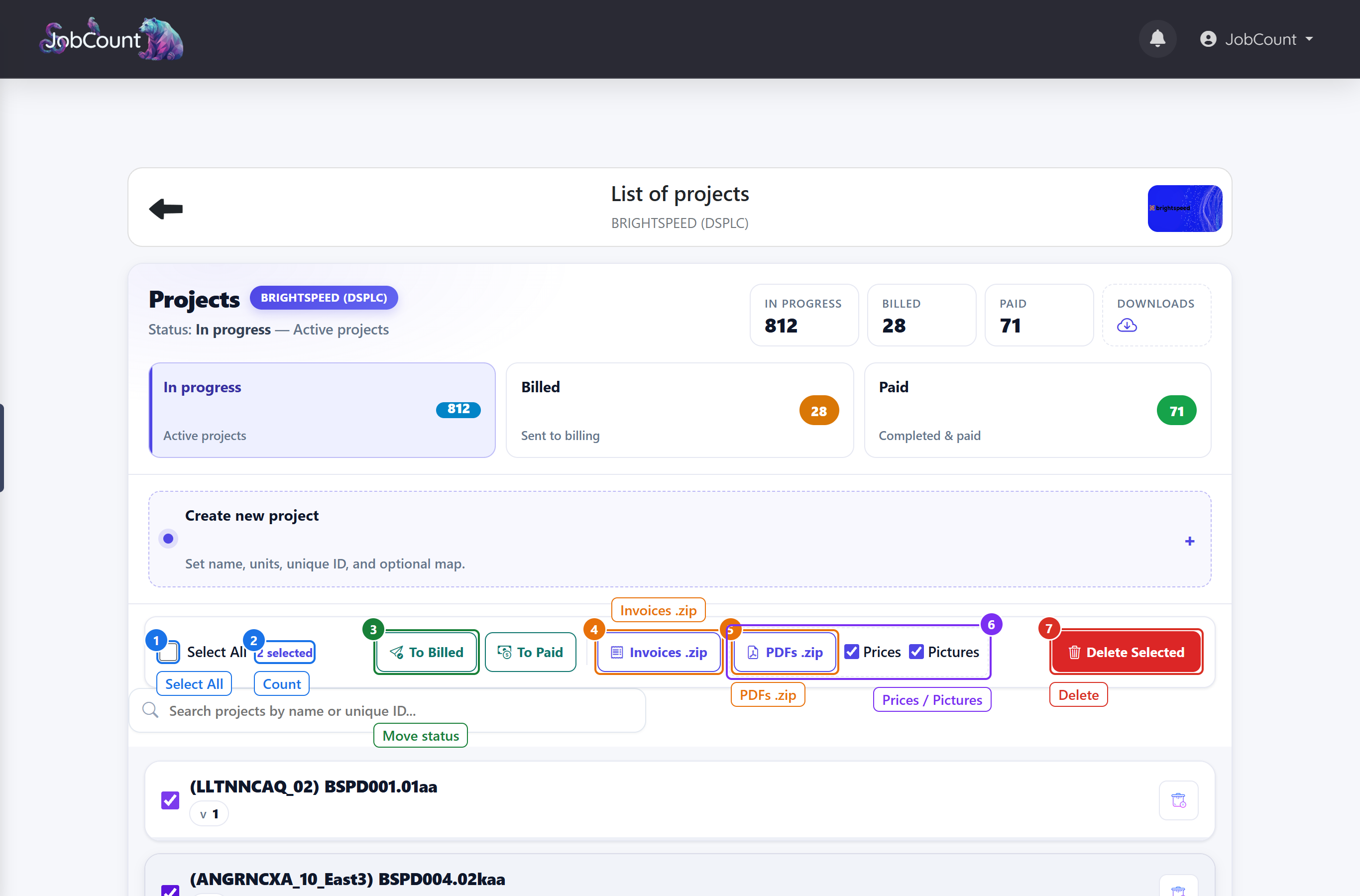 The bulk bar that appears once two projects are ticked.