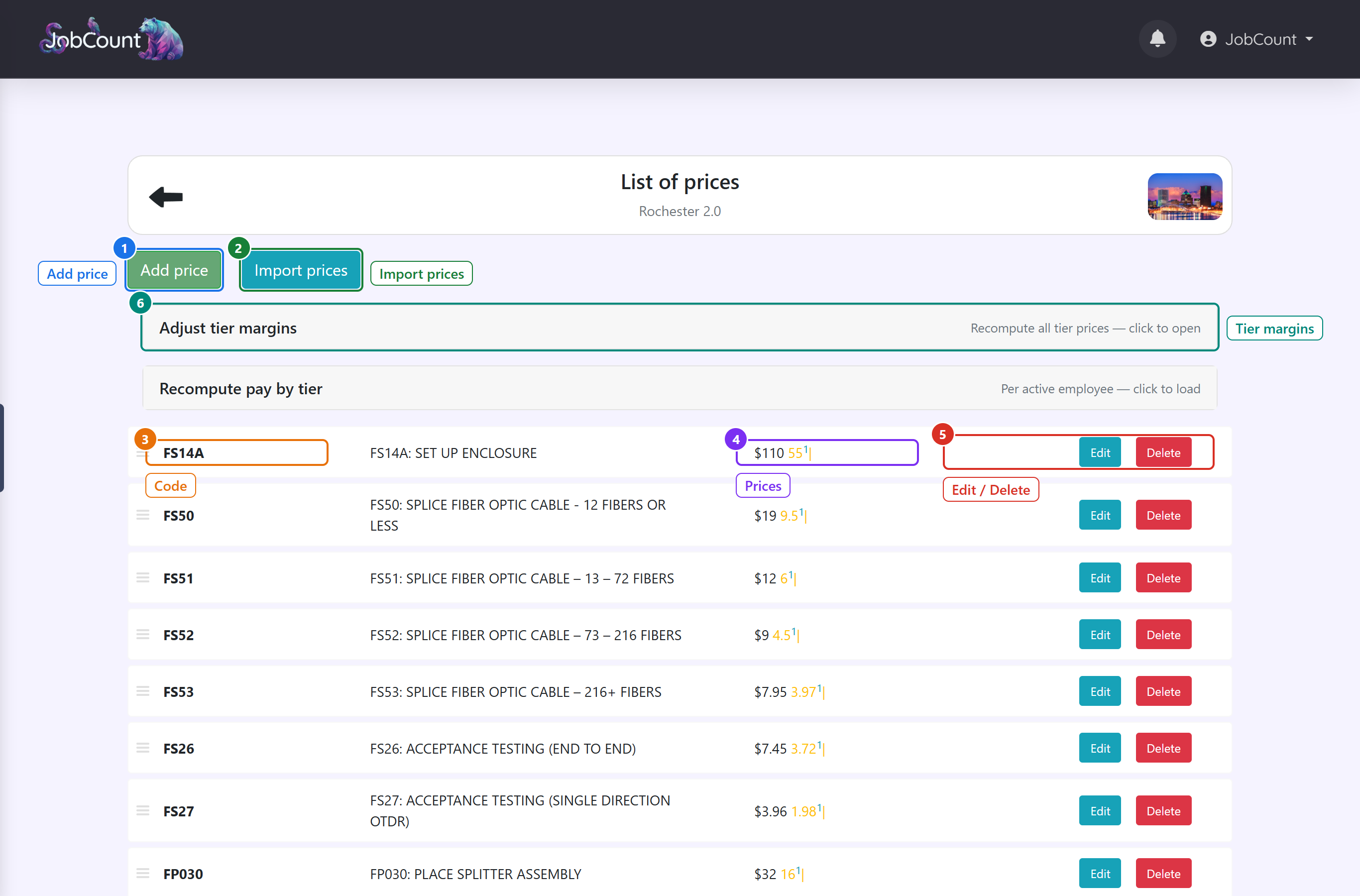 The Prices page: one row per production code.
