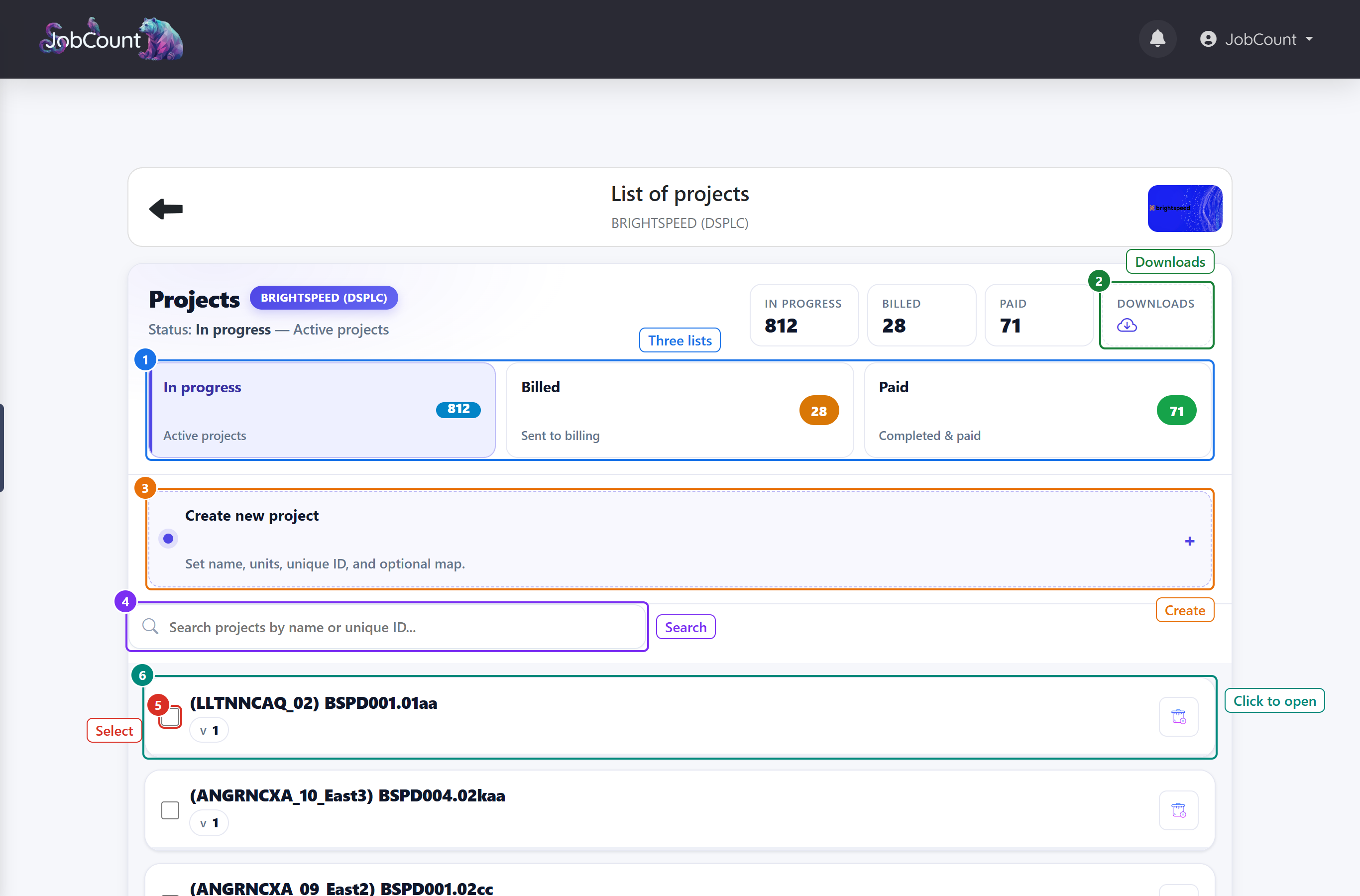 The Projects page, on the In progress list.